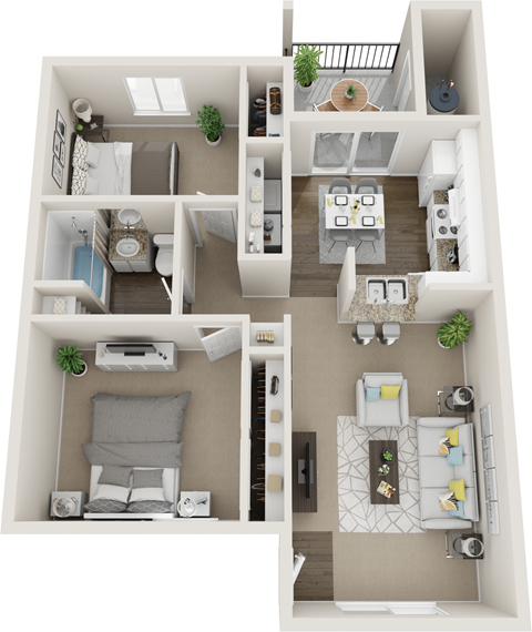 Floor plan for 2 beds, 1 bath, 939 sqft